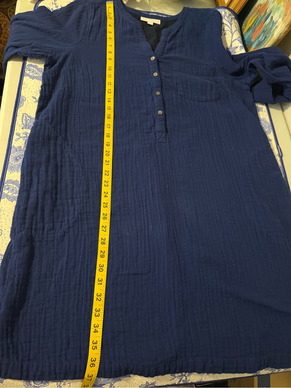 Pure Jill Navy Organic Cotton Gauzy Minimalist midi dress roll tab sleeves Large - Picture 6 of 9